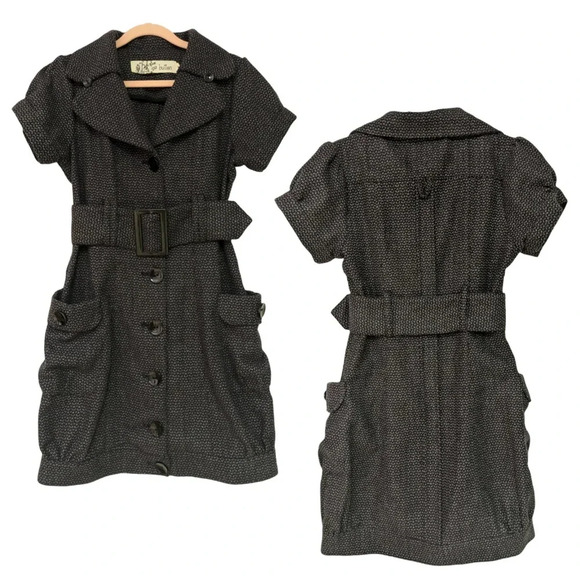 CLEARANCE//Button Wool  Blend Puff Sleeve Belted Y2K Dress - Picture 2 of 11